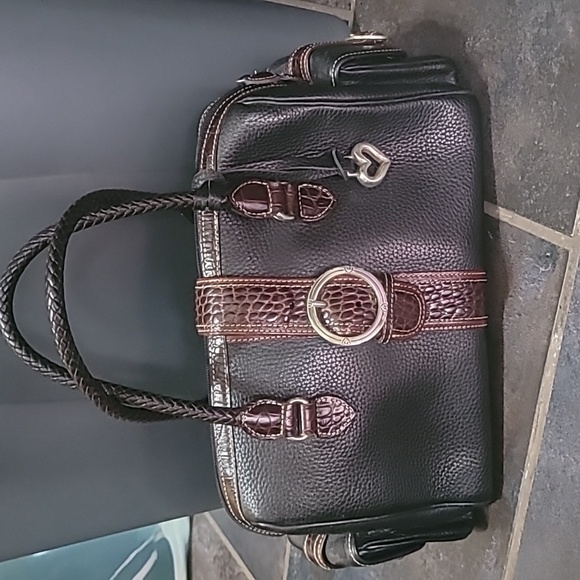 Brighton Brown & Black Peeble Leather Handbag Purse With Braided Handles Vintage